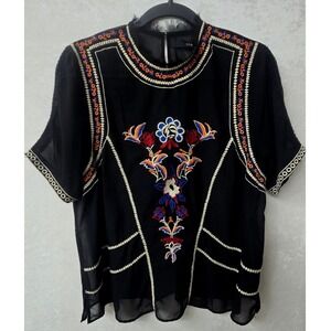 LOB  Top Black Sheer Embroidered Floral Short Sleeve Blouse Size 4 Boho Peasant